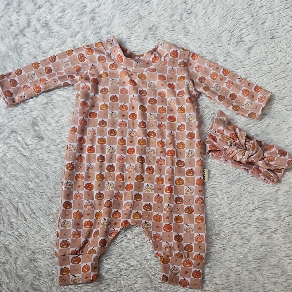 Pumpkin Print Baby One Piece with Headband